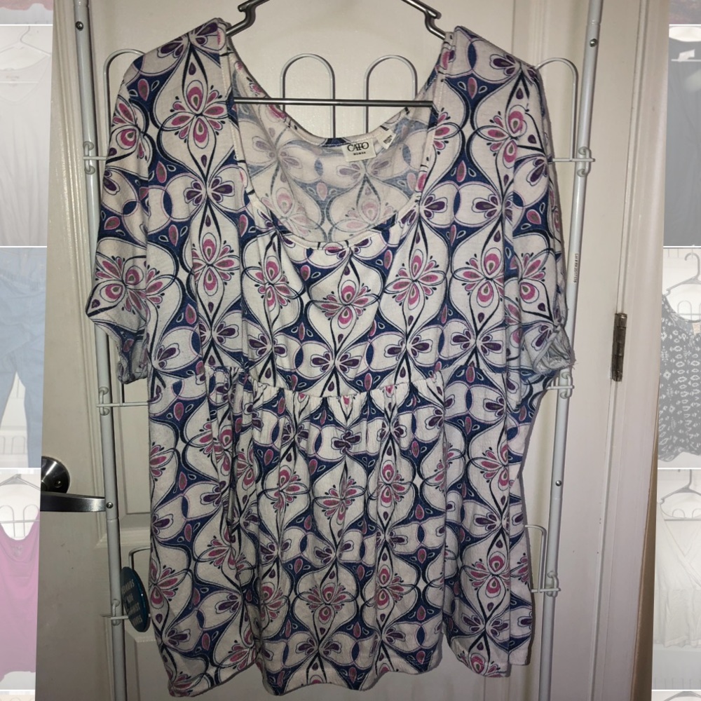 Blue, pink, and white floral shirt